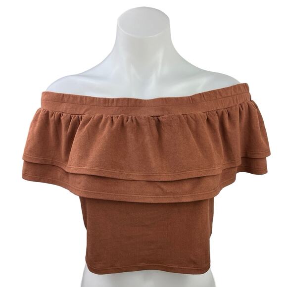 Design Lab Lord & Taylor Brown Suede Ruffle Off the Shoulder Crop Top Blouse M - Picture 1 of 4